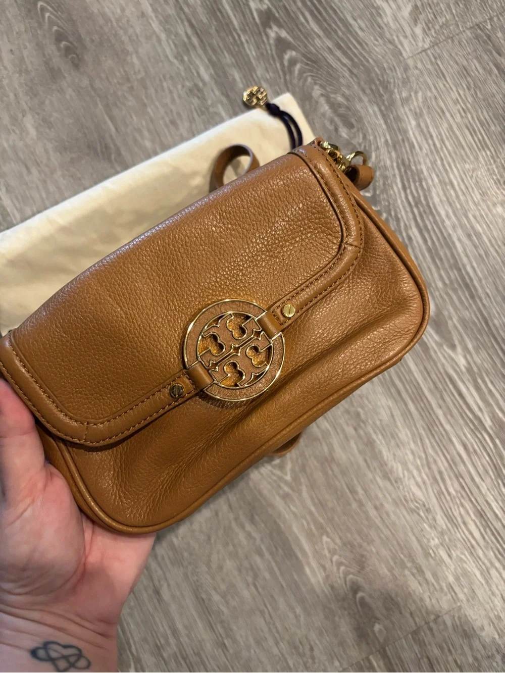 Tory Burch Tan Pebbled Leather Logo Crossbody